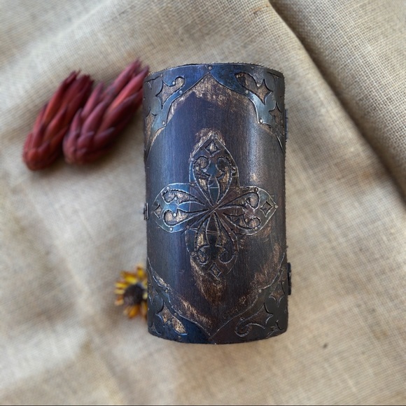 Handcrafted Wooden Nightstand Box with Metal Floral Accents - Picture 2 of 7